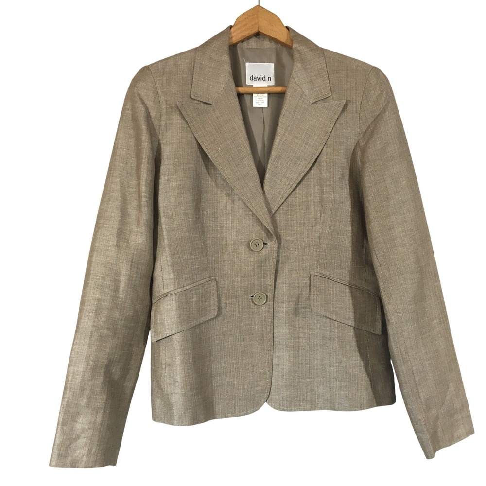 david n Beige Herringbone Linen Cotton Blend Blazer Jacket Size 6‎ Two Button
